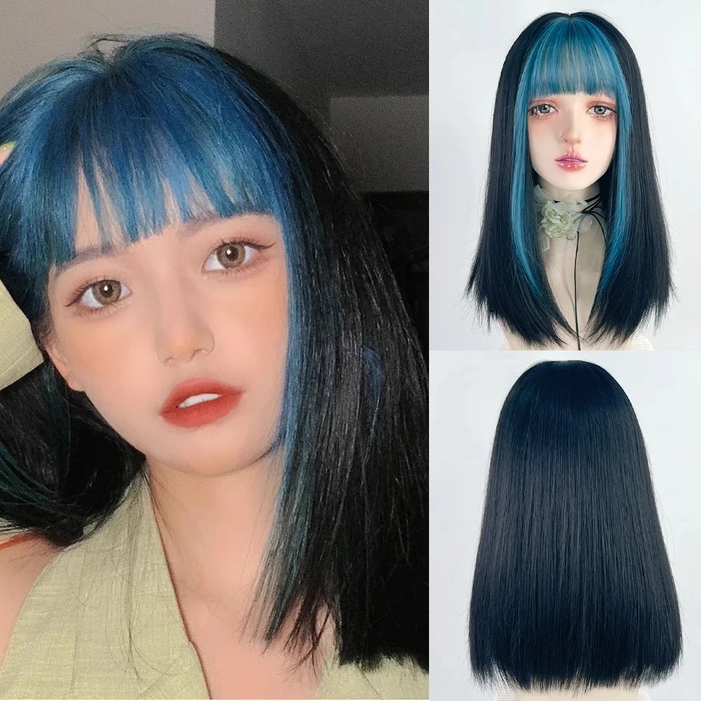 medium-length-synthetic-blue-ombre-mix-straight-wig-with-bangs-lolita-cosplay-natural-women-hair-wig-for-daily-party