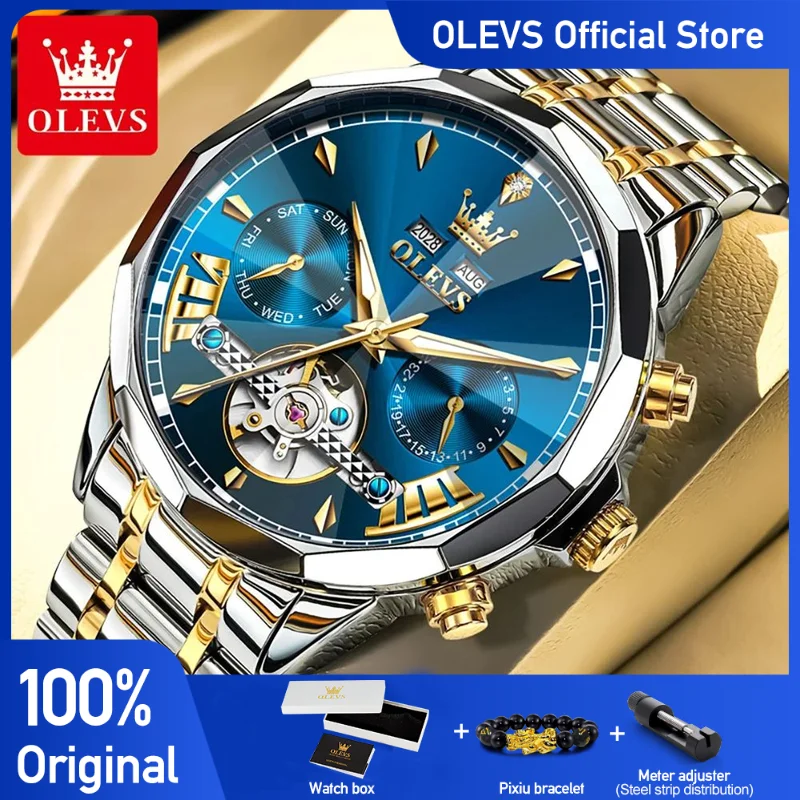 

OLEVS 6619 Mens Watch Original Brand Tourbillon Automatic Mechanical Watch Waterproof Watch For Men Dual Calendar Watch Gifts