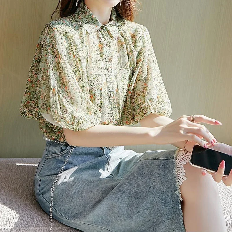 Women\'s Top Loose Elegant Puff Sleeve Floral Printed Blouse Summer Korean All-match Turn-down Collar Shirt Female Clothing