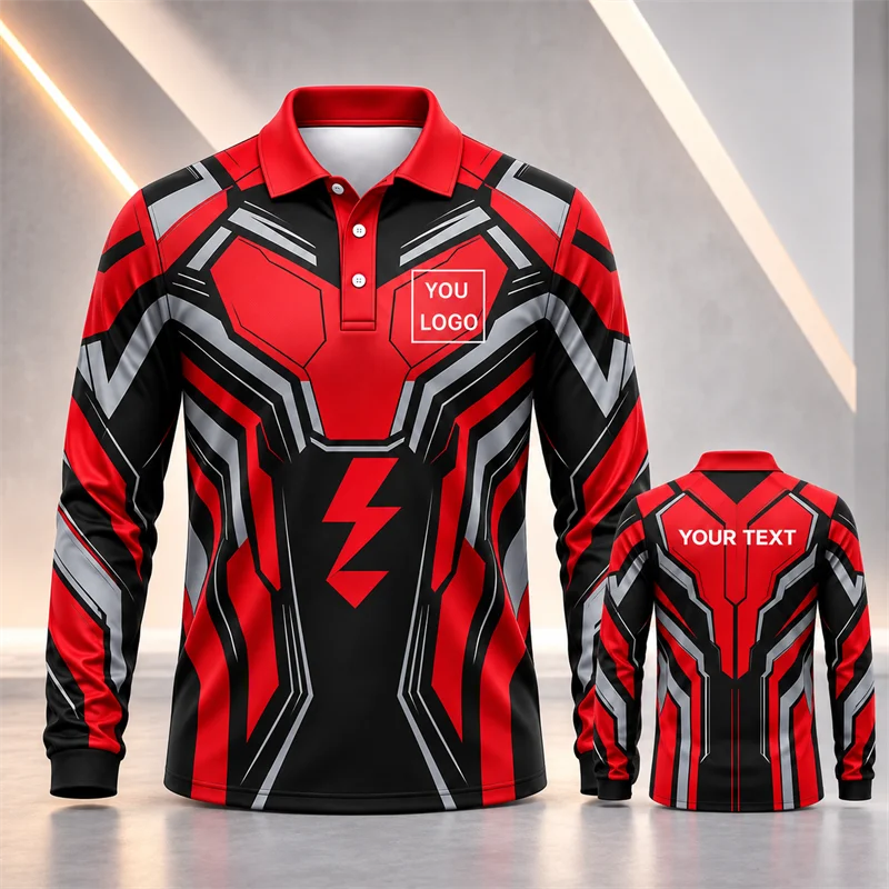 Futuristic Armor Long Sleeve Polo Shirt Men Custom Logo Text 3D Print Sports Jersey Cyber Style Teamwear for Club Racing Wear