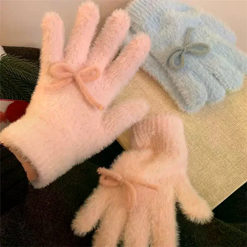 Cute Sweet Bow Plush Gloves Cold-Proof Gloves Student Winter Warm Five-finger Gloves Women Fashion Accessories Christmas Gifts