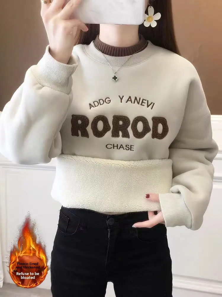 

Модная женская толстовка с флисовой подкладкой и принтом, осенне-зимняя утепленная повседневная модель с воротником-стойкой, стильный лоскутный топ