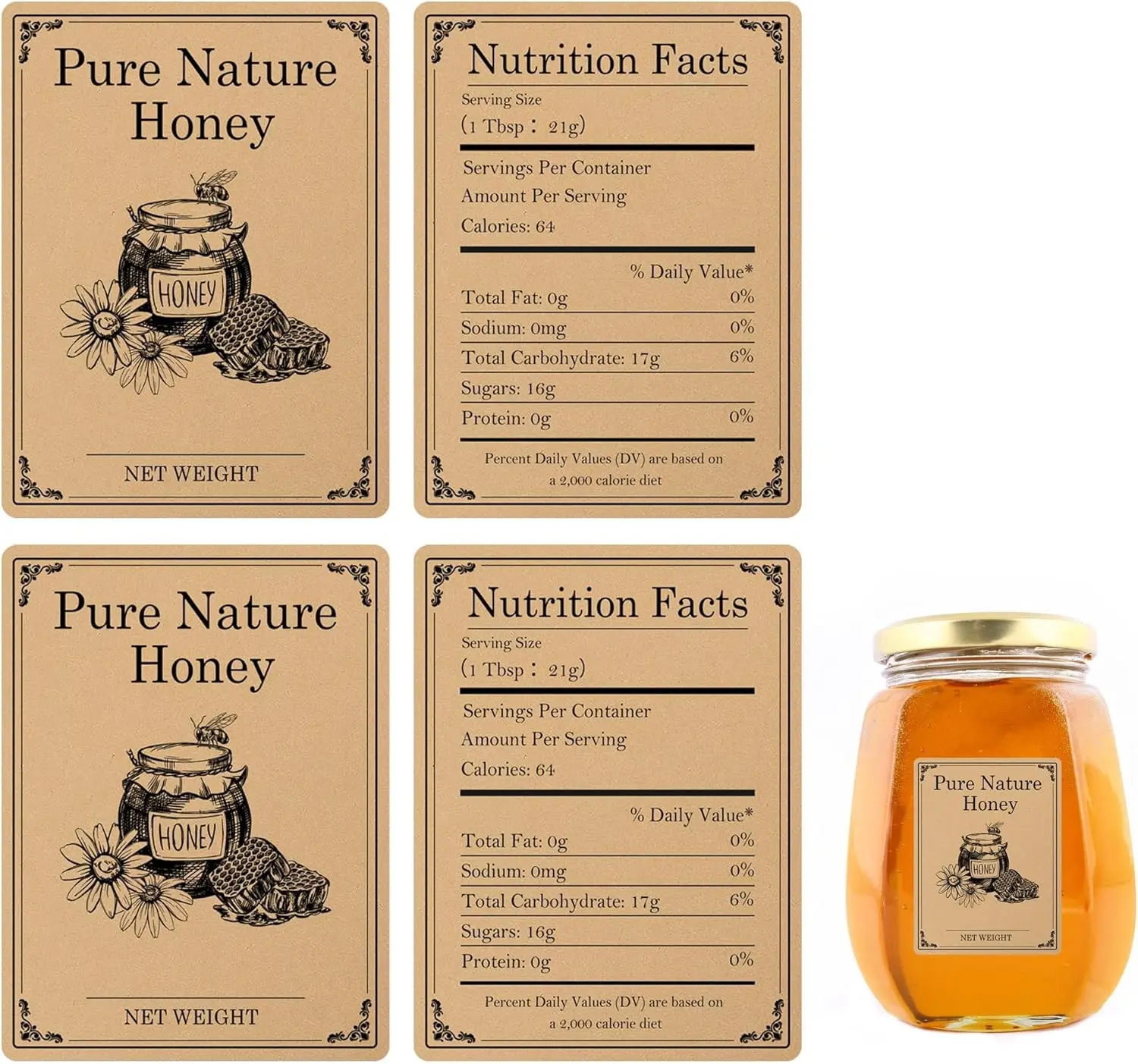

240 Pack Nutrition Facts Labels Pure Natural Stickers 1.5x2 Inch-Honey Farm Kitchen Name Mason Jar Labels for Home Small Busines
