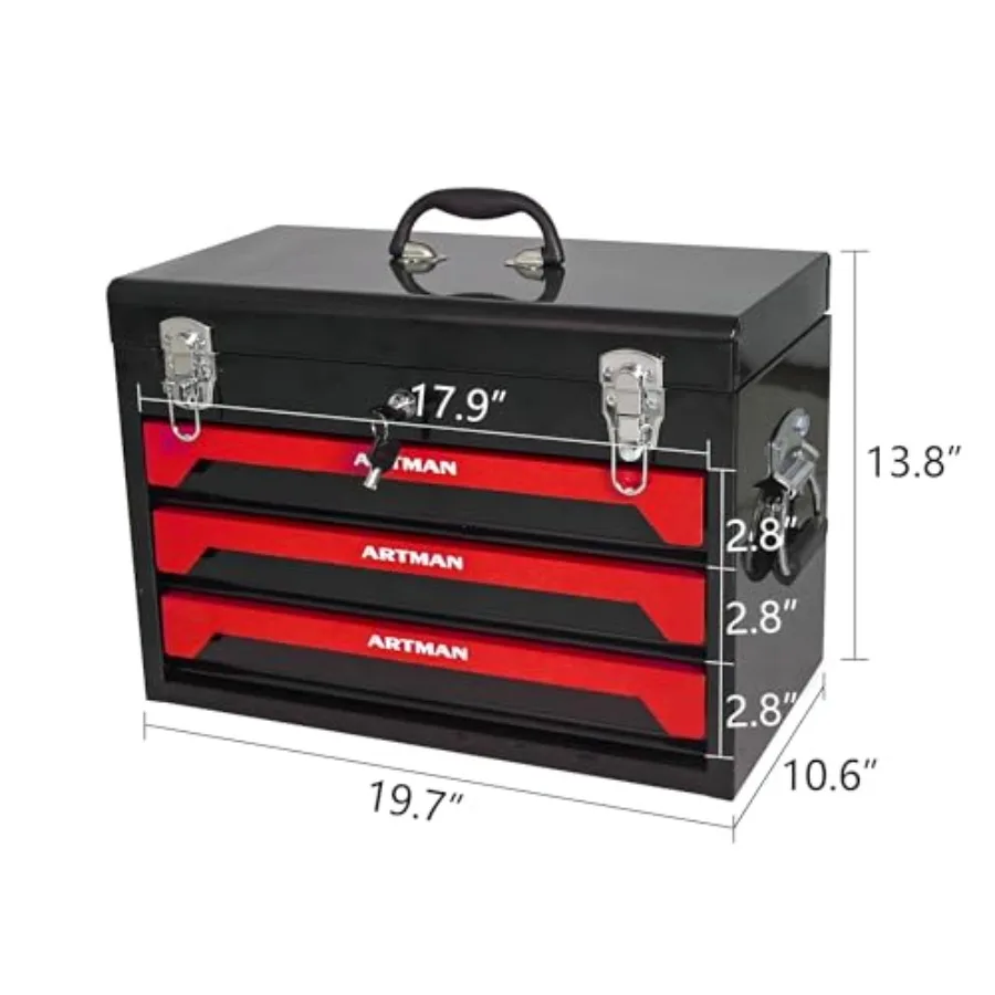 20 Portable Tool Box with Key Lock, 439 Pcs Mechanics Tool Set in Red: Steel Construction, 3 Drawers Top Tray for Warehouse, Re