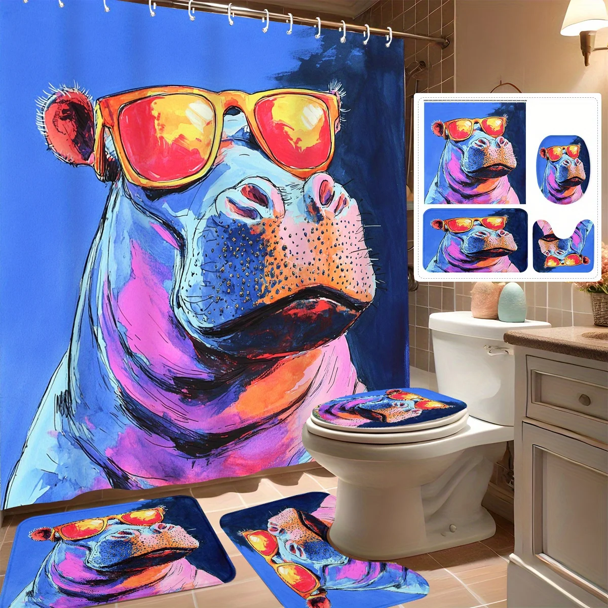 

4pcs Shower Curtain Set, Playful Colorful Hippo with Fashion Glasses, Modern Bathroom Decor, Includes 12 Hooks, Non-Slip