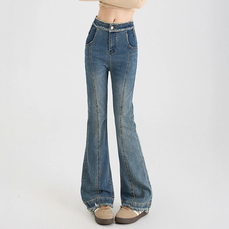 

Женские винтажные синие расклешенные джинсы Y2k с высокой талией 2000-х годов, американские мотоциклетные боковые трубы, джинсы с подошвой, брюки-палитра