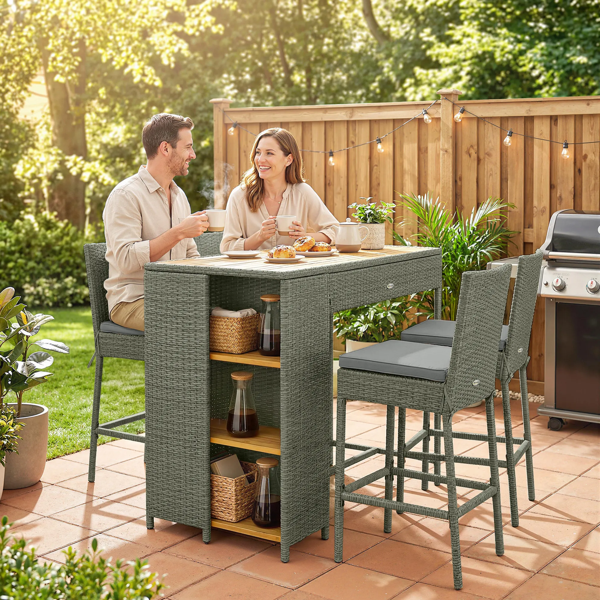 5 Piece Wicker Outdoor Bar Set, Acacia Wood Outdoor High Top Table and Chairs with 3 Tier Shelves, Cushions, Gray