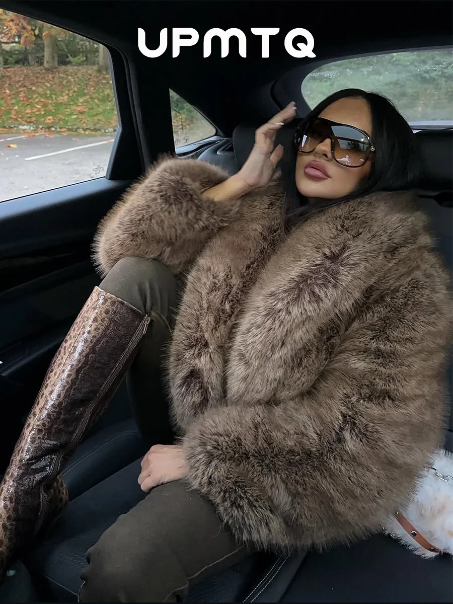 Chic Vibes Stylish Fluffy cropped Faux Fox Fur Coat Mob Wife Vintage Aesthetic Brown Gradient Big Collared Warm Winter Outwear