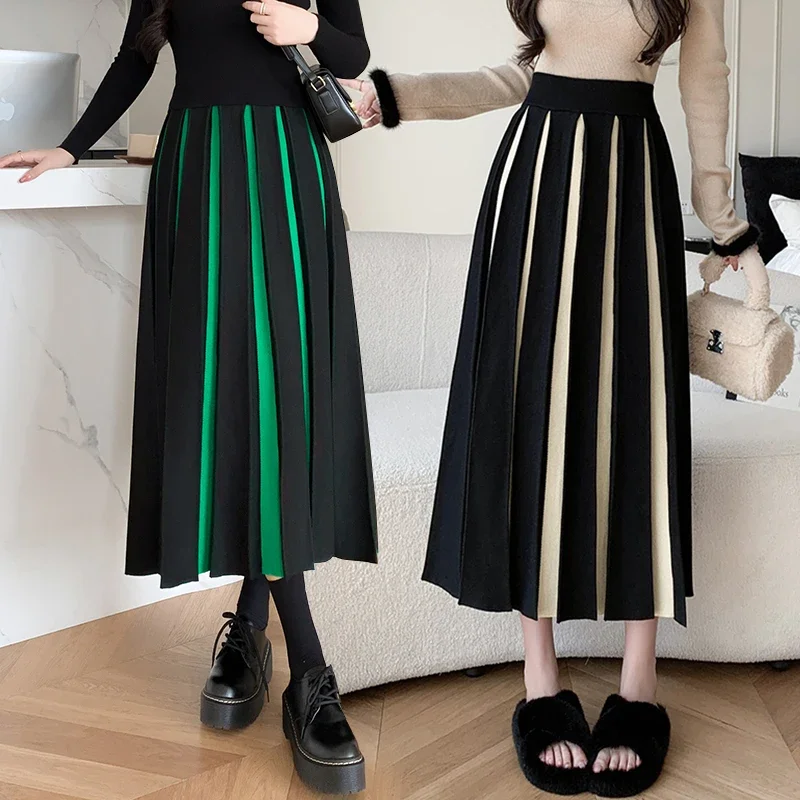 New 2024 Autumn Winter Skirts for Woman High Waist A Line Pleated Knitted Long Skirts for Women Black Green Patchwork Skirt