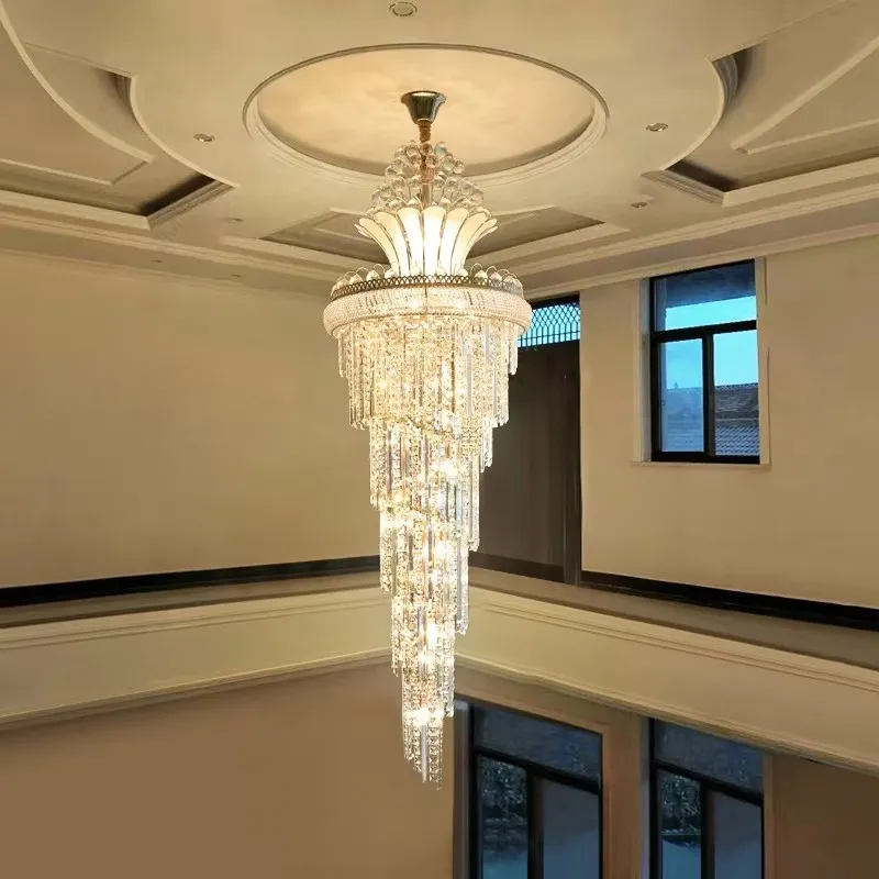 

Stair Beaded Shiny Crystal Chandelier Gold Long Chandelier European Fashion Modern Pendant Lighing For Living Room Villa