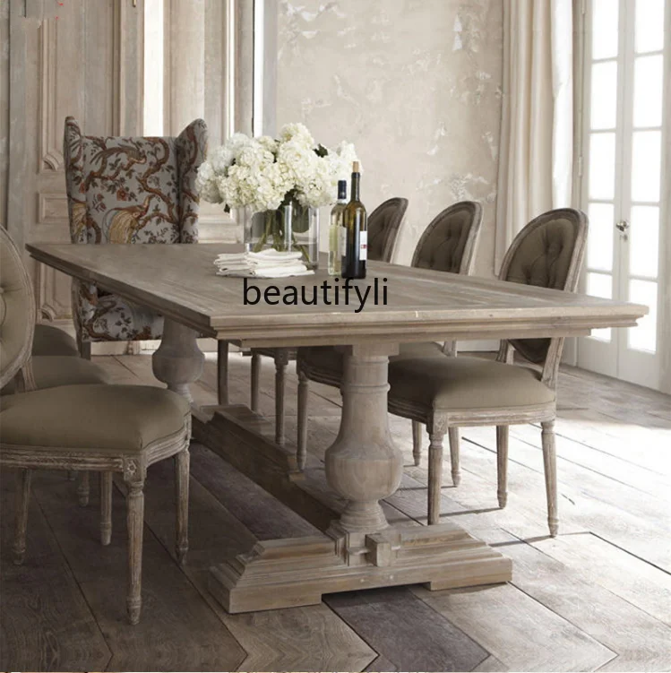 American Conference Table Solid Wood Rectangular Desk French Retro Dining Table and Chair Creative Home Antique Dining Table
