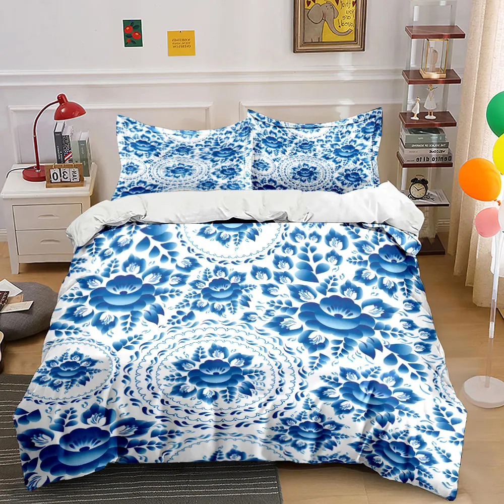 Blue Floral Pattern Background Print Bedding Set 1 Duvet Cover 2 Pillowcases for Adult and Children Luxury Gift Full Size