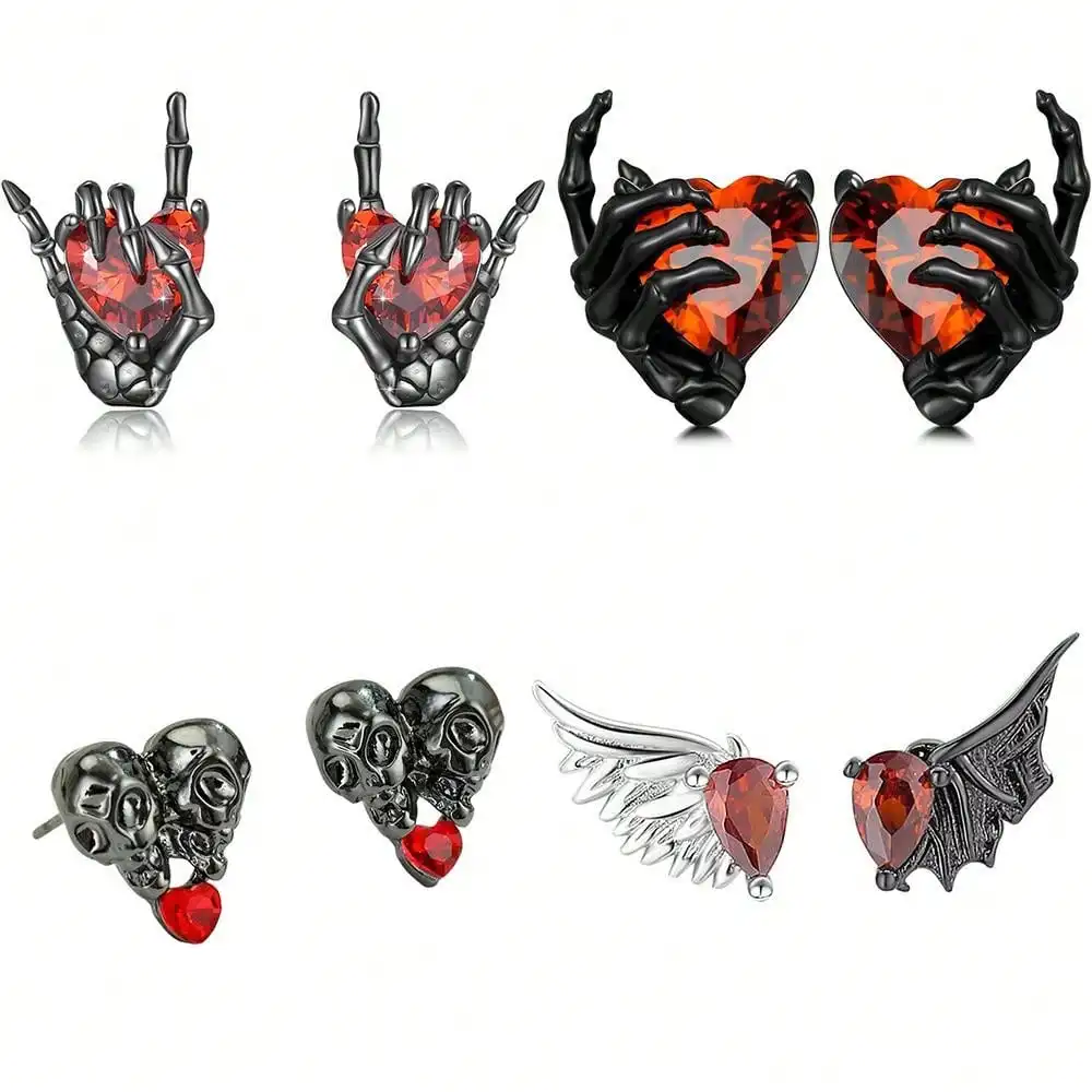 1Pc/4Pc Creative and Fashionable Easter and Halloween Palm Heart Earrings, Skull Angel Wings Earrings