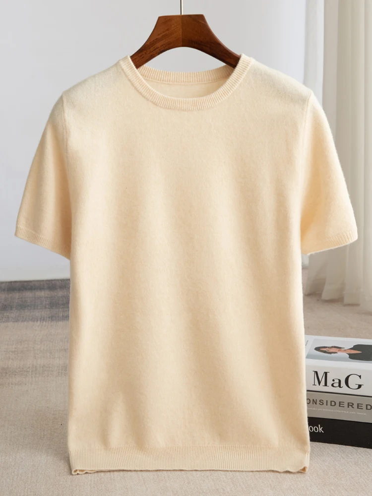 

Мужская вязаная футболка из 100% мериносовой шерсти, свитер с круглым вырезом, короткий рукав, пуловер, смарт-кэжуал, базовая одежда, трикотажные топы из чистой шерсти