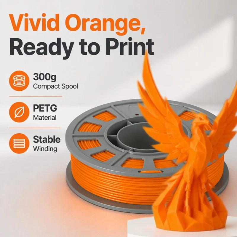 300g Orange PETG Filament 1.75mm, High Toughness & Durable 3D Printer Filament, Tangle-Free Smooth Extrusion Compact Spool for Functional Parts and DIY Models
