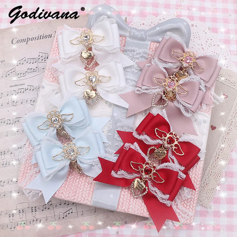 Handmade Japanese Style Sweet Wings Rhinestone Love Pendant Lace Barrettes Cute Girls A Pair of Hairclips Side Clip for Women