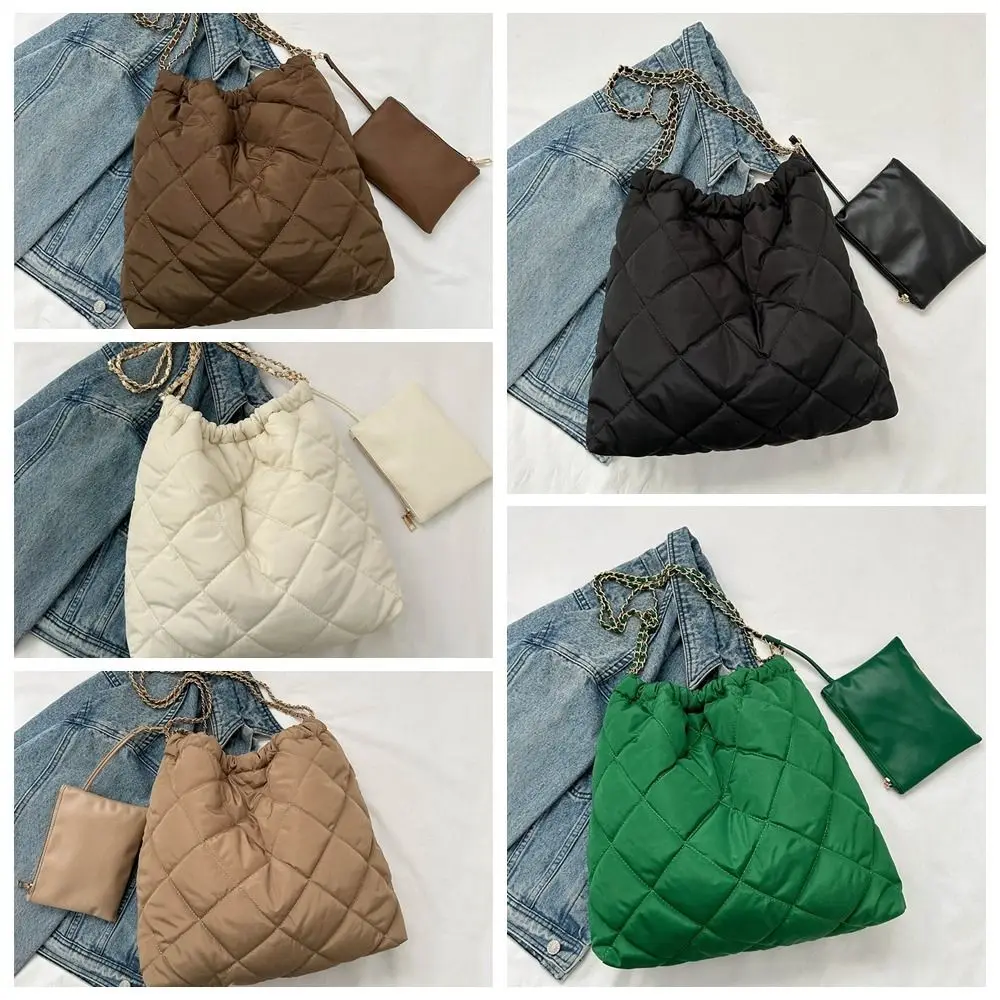 Tas Selempang Gaya Korea dengan Tali Serut, Motif Kotak-kotak, Kapasitas Besar, Tas Jinjing Berlapis Kapas, Tas Empuk Warna Solid