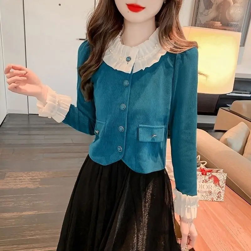 Temperament Pink Short Blouse Women Clothing Long Sleeve Lace Patchwork Contrast Korean Shirt Tops Fashion Sweet Spring Autumn