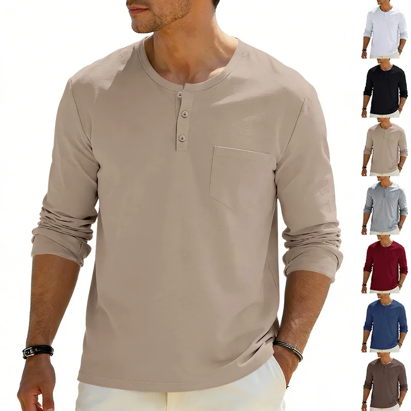 26 Cross-Border Loose-Fit Frühling und Herbst Herren Imitat-Baumwolle Elastisches Dünnes Retro Elastisches Henry Langarm-T-Shirt