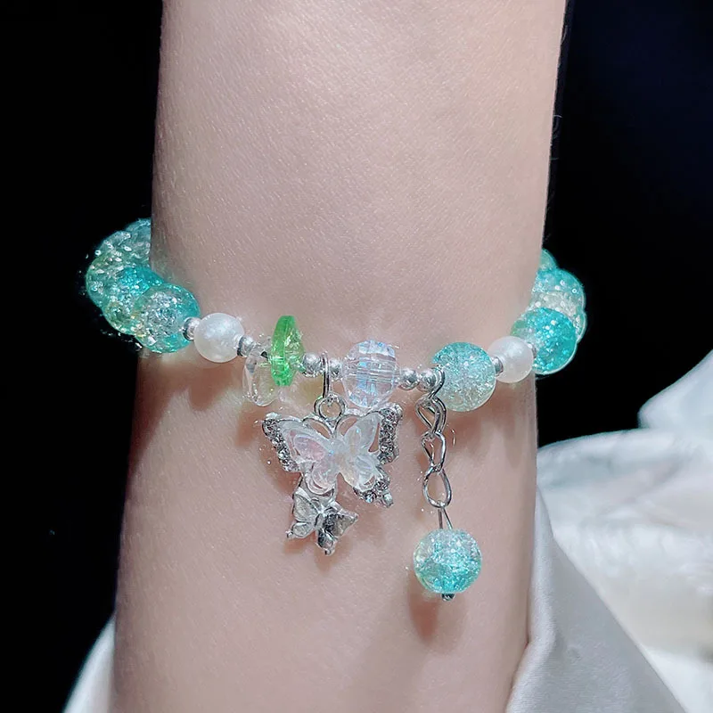 Hot Selling Butterfly Shape Ice Cracking Crystal Beaded Strand Hand Bracelets for Women Girls Student Low Price Jewelry YBR1171