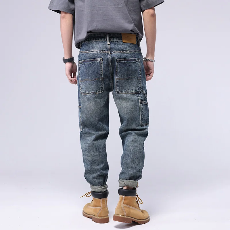 Street Fashion Men Jeans Retro Light Blue Loose Fit Multi Pockets Casual Denim Cargo Pants Hombre Hip Hop Straight Jeans Men