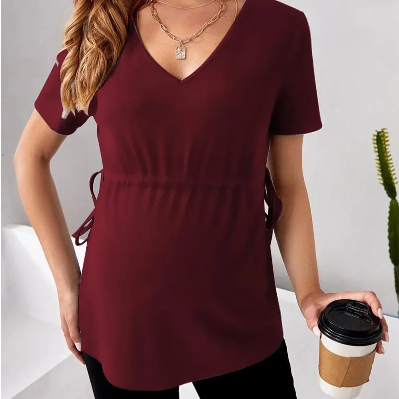 Top largo de maternidad para mujer embarazada, camisa de manga corta con cuello en V, cintura alta con cordón, bordado dulce, vestido de baile, blusa de verano