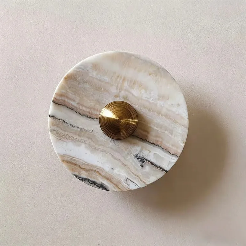 Natural Marble Round Wall Sconce Art Deco Brass Inset Lighting  Modern Ambient Wall Lamp for Living Room & Bedroom