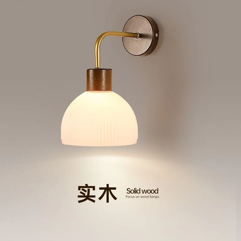 

New Chinese Walnut-colored Solid Wood Bedroom Bedside Wall Lamp Simple Modern B&B Corridor Decorative Glass Wall Lamp