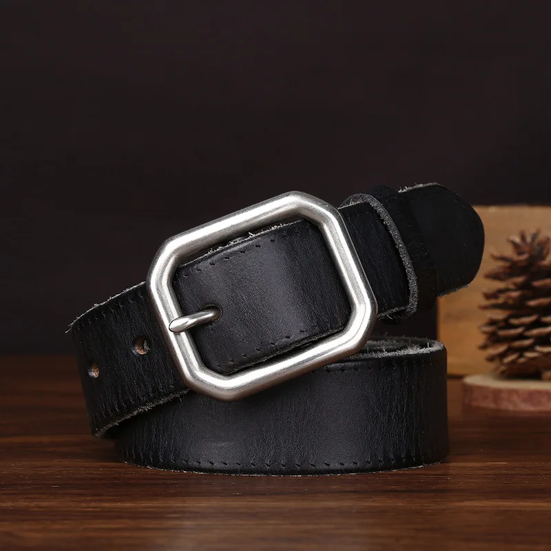 Washed vintage distressed stainless steel buckle men's belt, genuine top-grain leather casual jeans waist belt for men