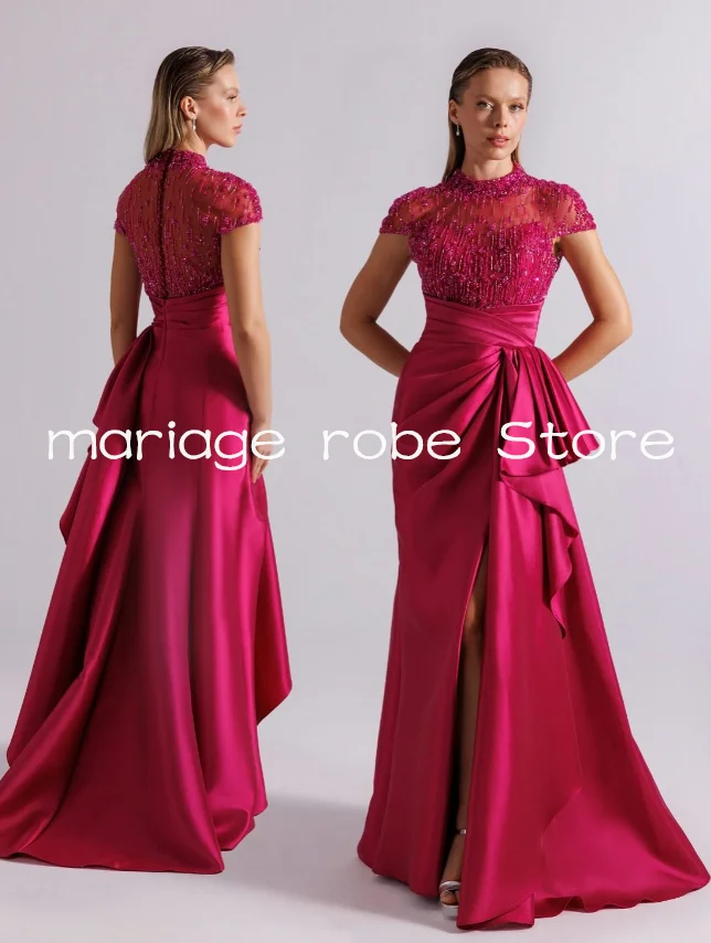 Fuchsia Lange Avond Formele Jurken Hoge Split Sparkly Crystal Hoge Hals Kapmouw Aangepaste kenzelabiye Galajurk