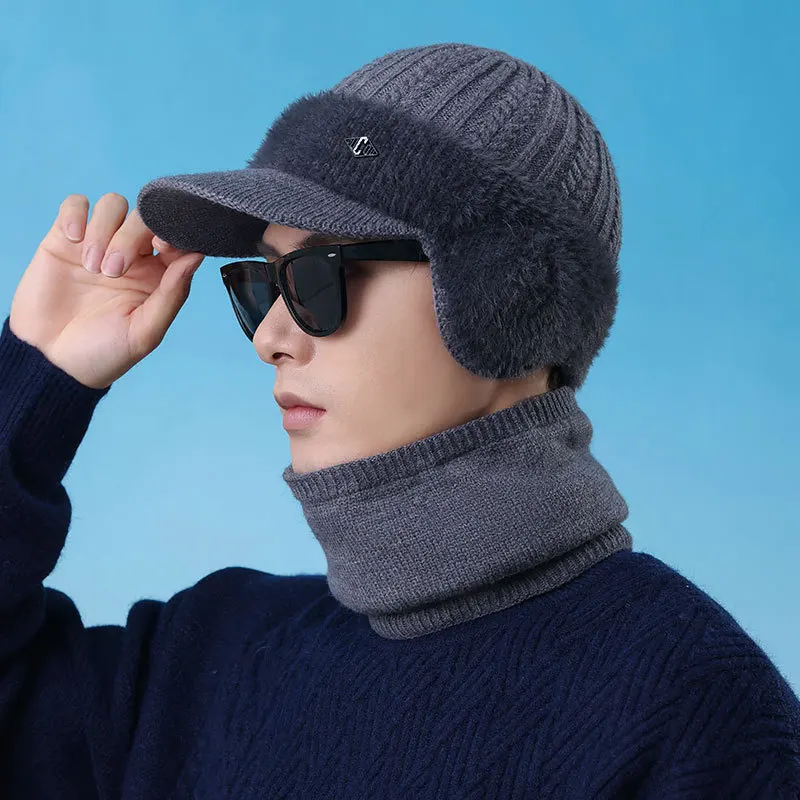 مجموعة قبعة ووشاح محبوكة للرجال - شتوية مبطنة بالمخمل ومقاومة للبرد للرياضات الخارجية وركوب الدراجات والمشي لمسافات طويلة وإكسسوارات ترفيهية مقاومة للرياح