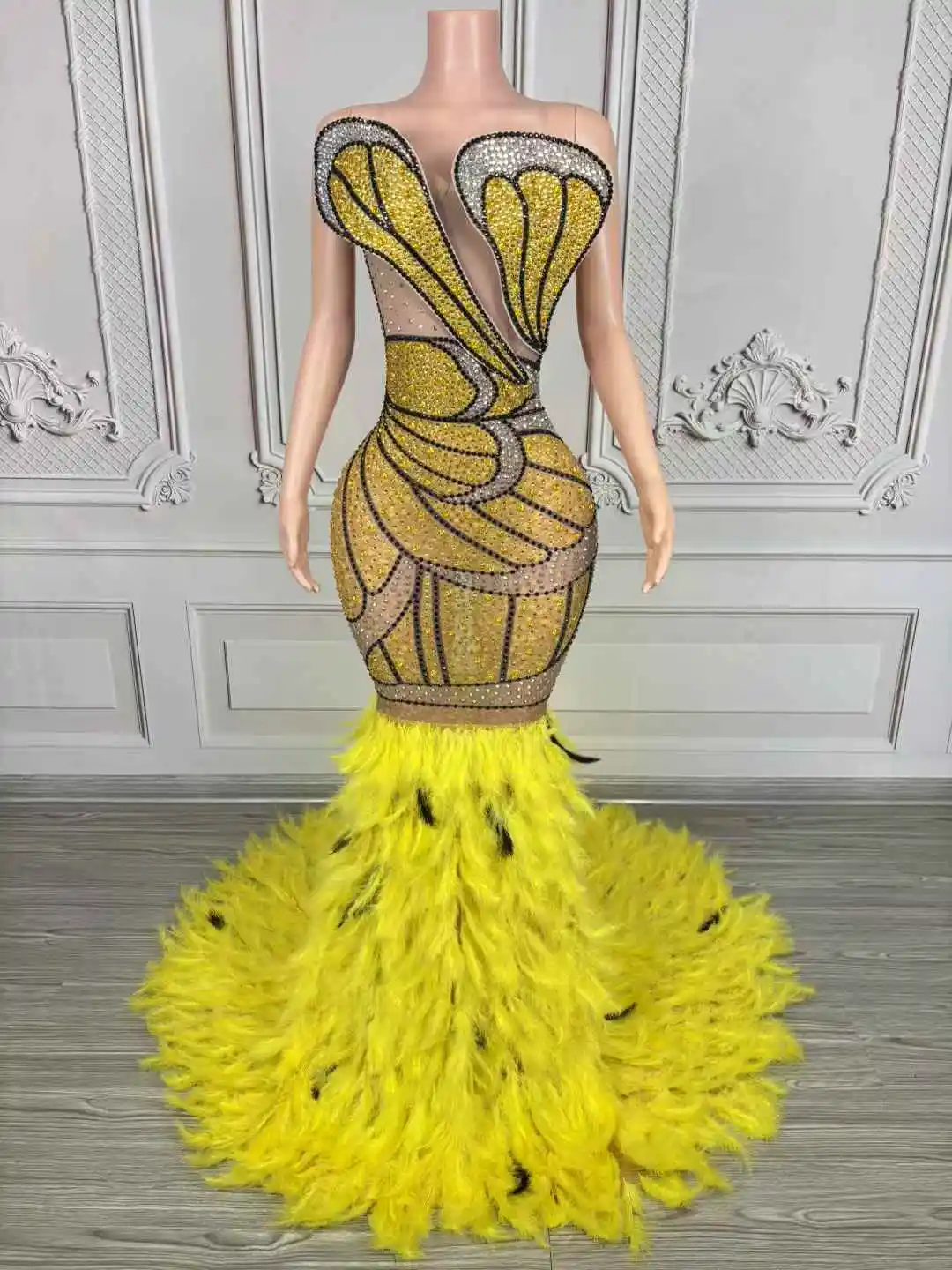 Luxurious Gold Silver Crystals Mesh Long Feather Dresses Women Birthday Celebrate Evening Prom Party Gowns Singer Stage Wear