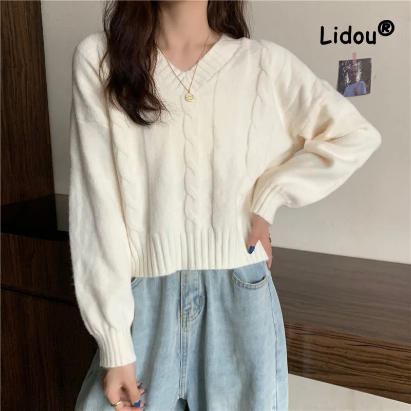 Fashion Autumn Winter Solid Sweaters Womne New Long Sleeve Classic V-neck Loose Short Sweet Minority All-match Casual Top 2022