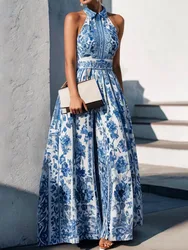 Yeezzi Female Vintage Blue Flower Printed Elegant Formal Evening Dresses 2024 New Summer Sleeveless Lapel Party A-Line Dress