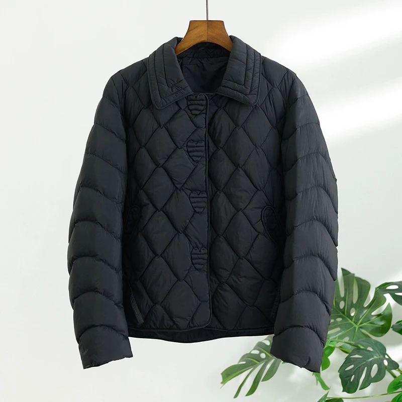 Schinteonผู้หญิงเป็ดสีขาวลงเสื้อลําลองหลวมArgyleฤดูใบไม้ร่วงฤดูหนาวOutwear Turn-Down Collarเสื้อแฟชั่น 2025 ใหม่