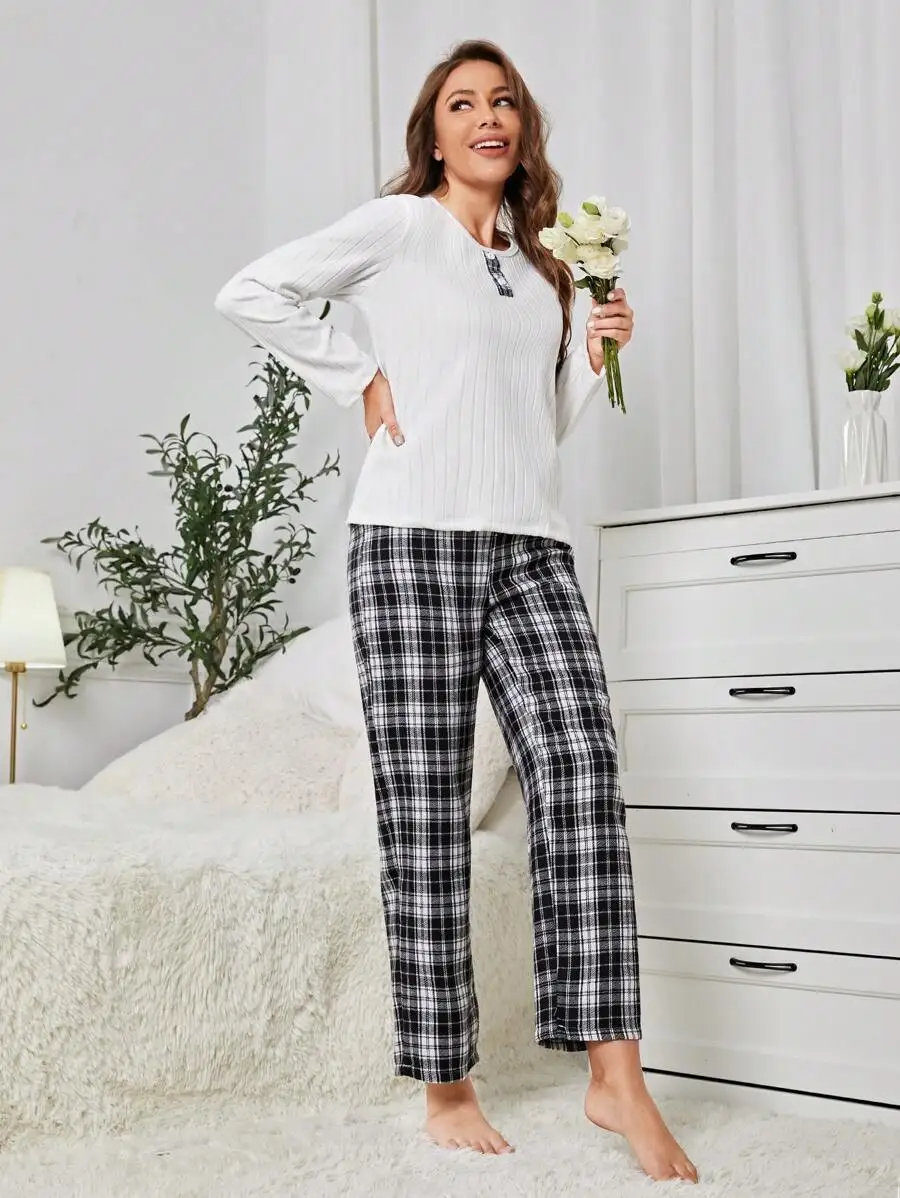 

Plaid Pajama Set Women Long Sleeve Ribbed Top And Checkered Pants