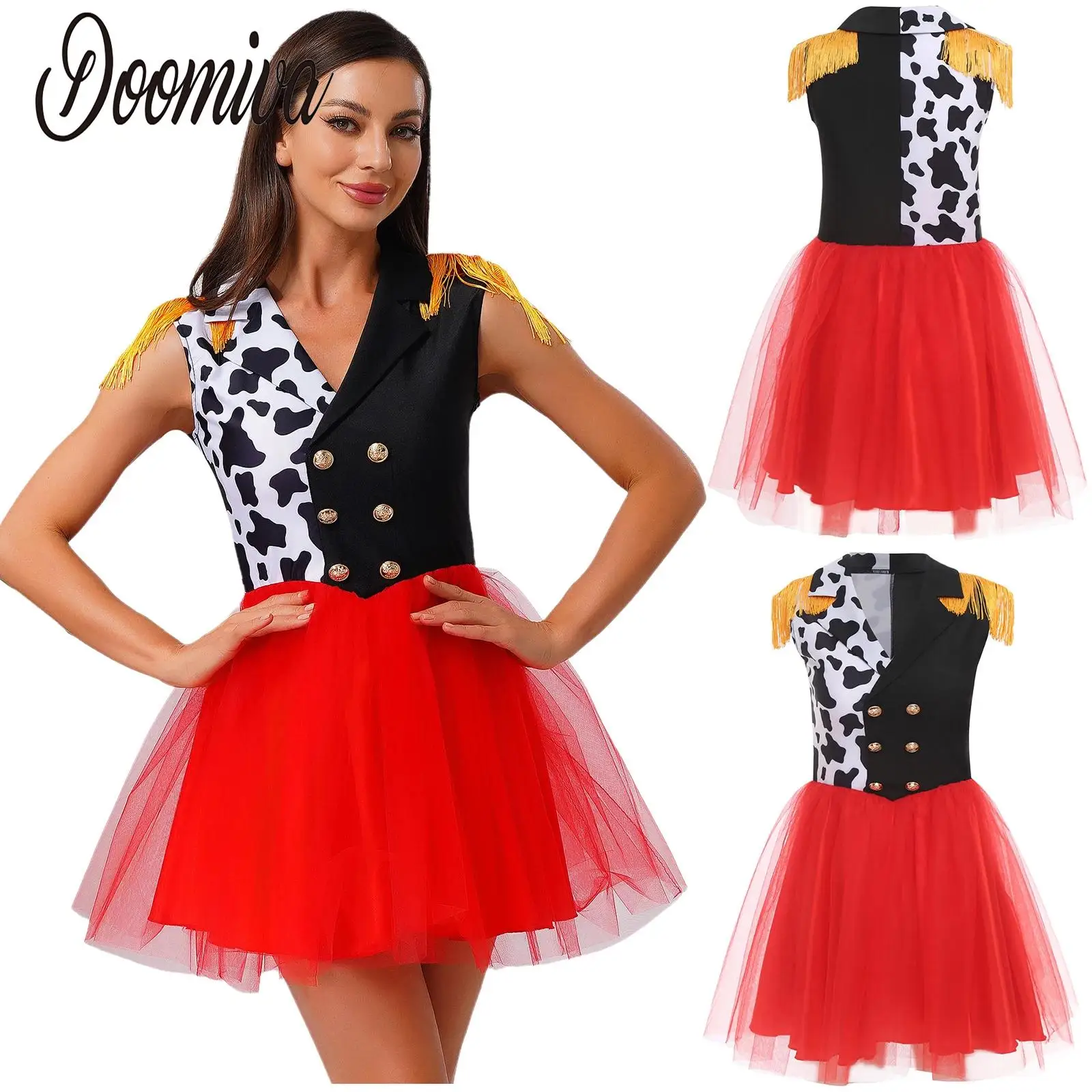 

Women Killer Clown Tutu Dress Circus Ringmaster Cosplay Costume for Halloween Party Sleeveless Tassel Epaulets Tulle Hem Dress