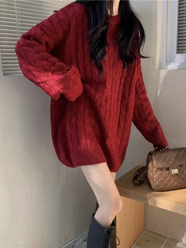 

Red Knitted Sweater Women's Thiened Long Sve round Ne Loose Outerwear Autumn Winter New Sle Mid-Length Top
