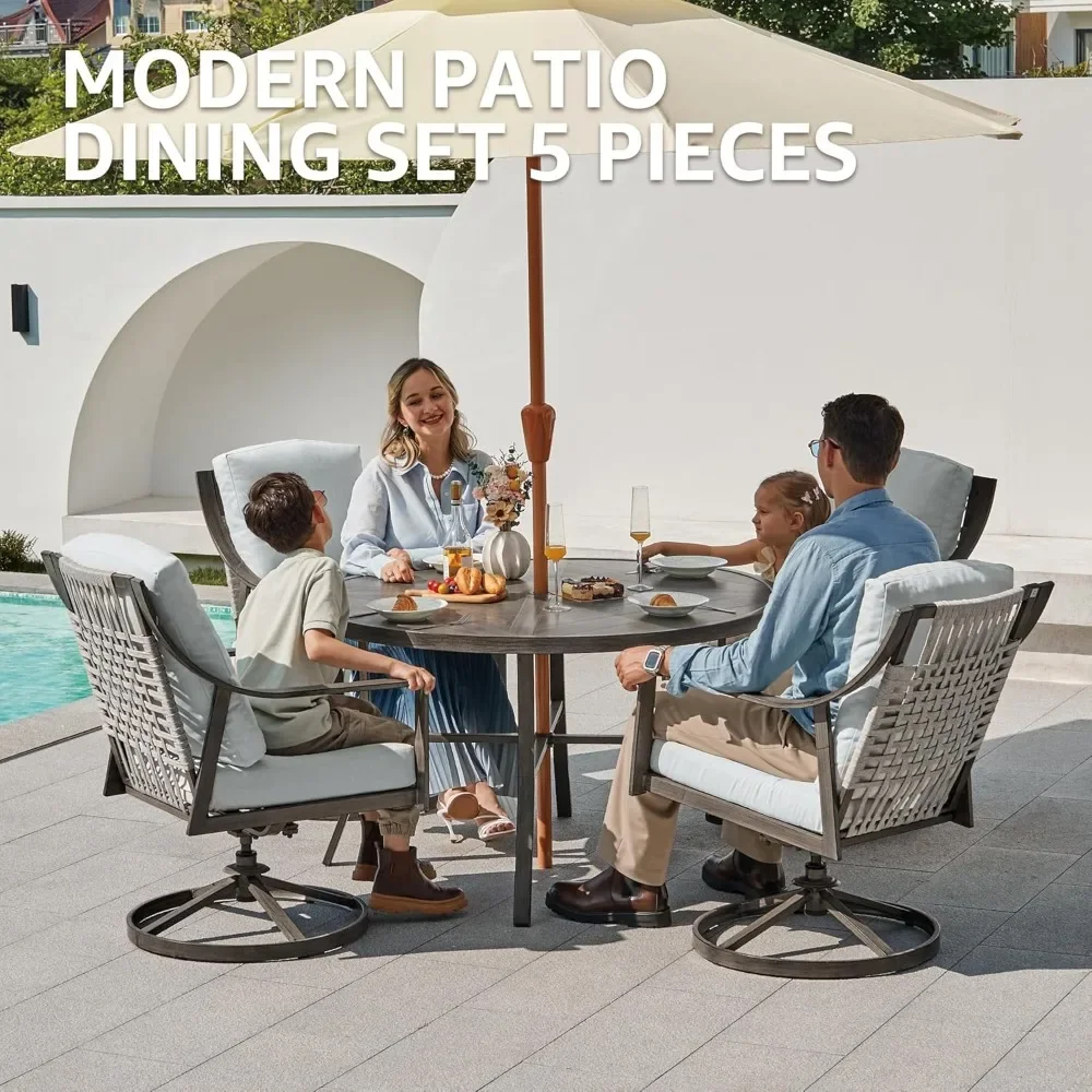 5-Piece Outdoor Patio Dining Set, 4pcs Patio Swivel Rocking Chairs and 38’’ Round Dining Table with 1.65’’ Umbrella Hole