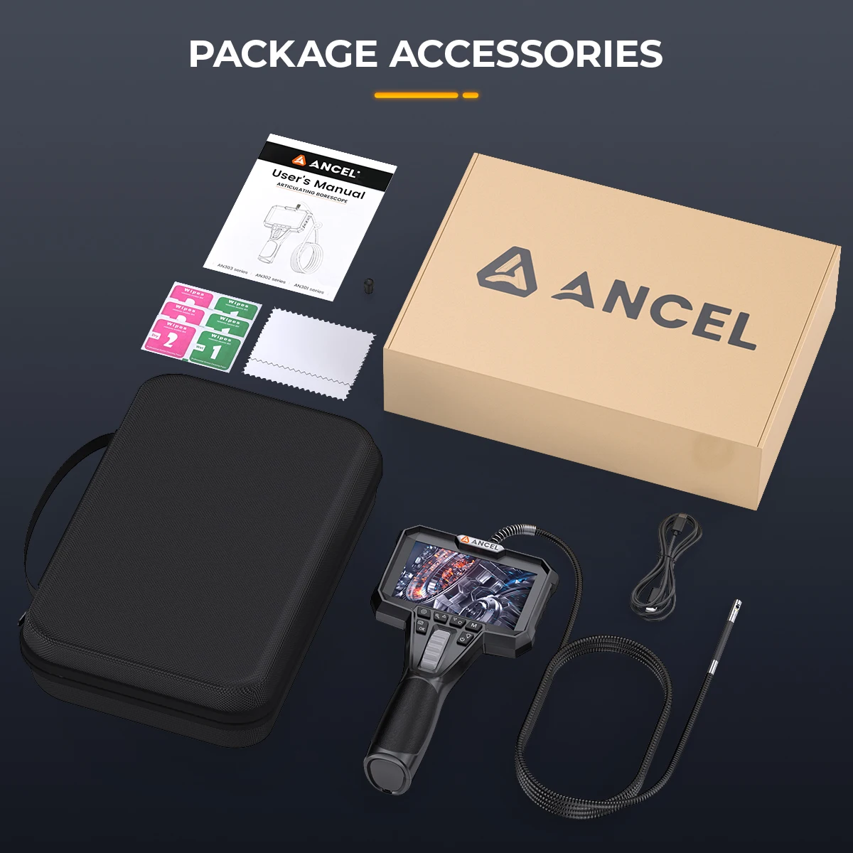 ANCEL AN302 Tweeweg scharnierende Borescope IP67 6,5 MM Dual Lens Endoscoop Inspectiecamera 7 LED-verlichting Auto-inspectiegereedschap