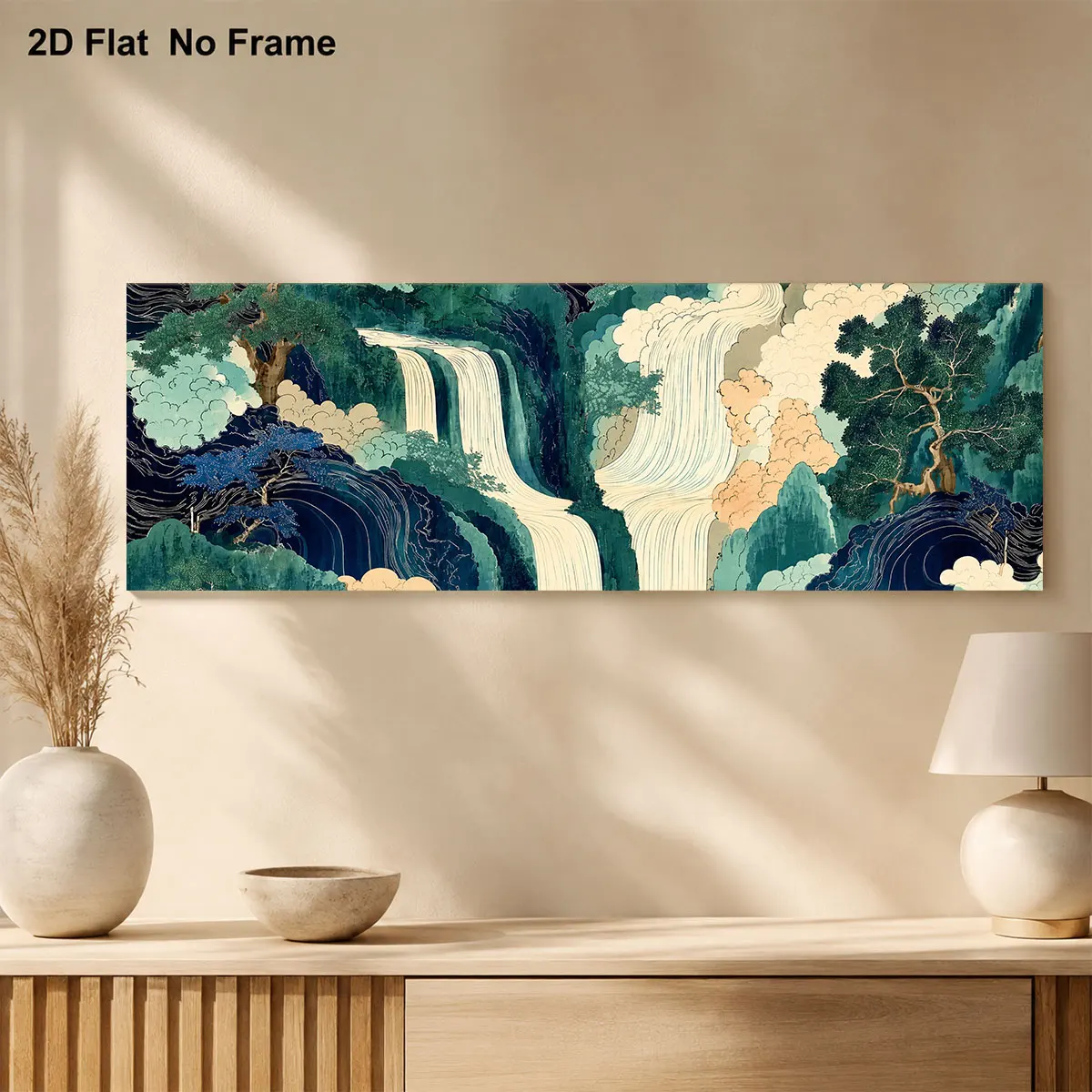 Wide Horizontal Japanese Waterfall Wall Art, Ukiyo-e Forest Mountain Print, Teal Green Oriental Sofa Canvas Decor Posters