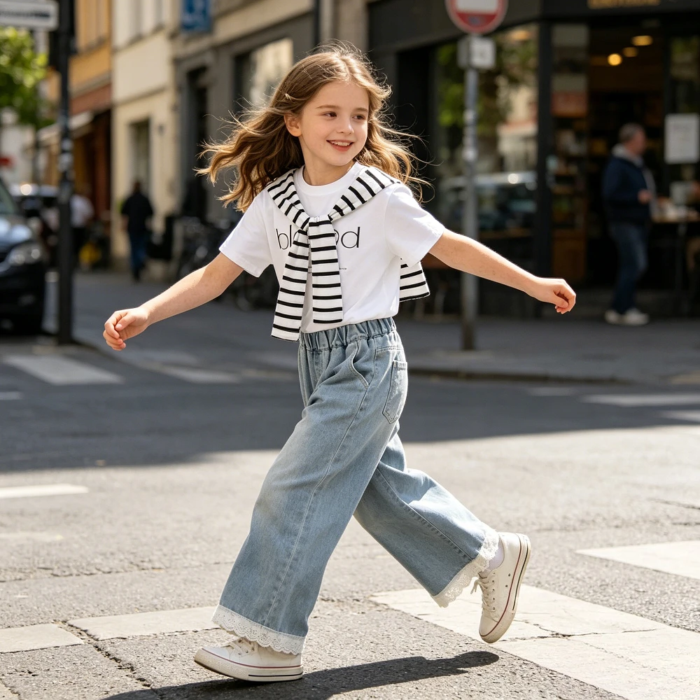 Teen Girls Set Summer 2-Piece Outfit Printed T Shirt Denim Wide Leg Pants Lace Hem School Outdoor Activities Daily Weekend Wear