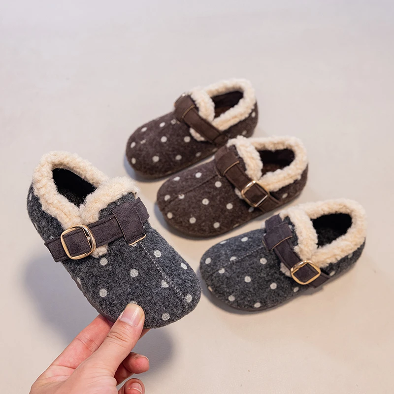 Toddler Girls Fuzzy Leather Shoes with Buckle 2026 New Winter Kids Warm-lined Shoes Non-slip Trendy School Outdoor Casual Wear