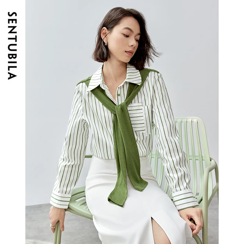 SENTUBILA femmes vert rayé chemises 2025 Patchwork écharpe décontracté jeune à manches longues haut femme automne vêtements 143C57367X