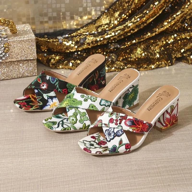 Printed Slippers Women Summer 2026 New Thick-heeled Popular High-heeled Sexy Elegant Half-slippers Open Toe Casual Basic Sandals