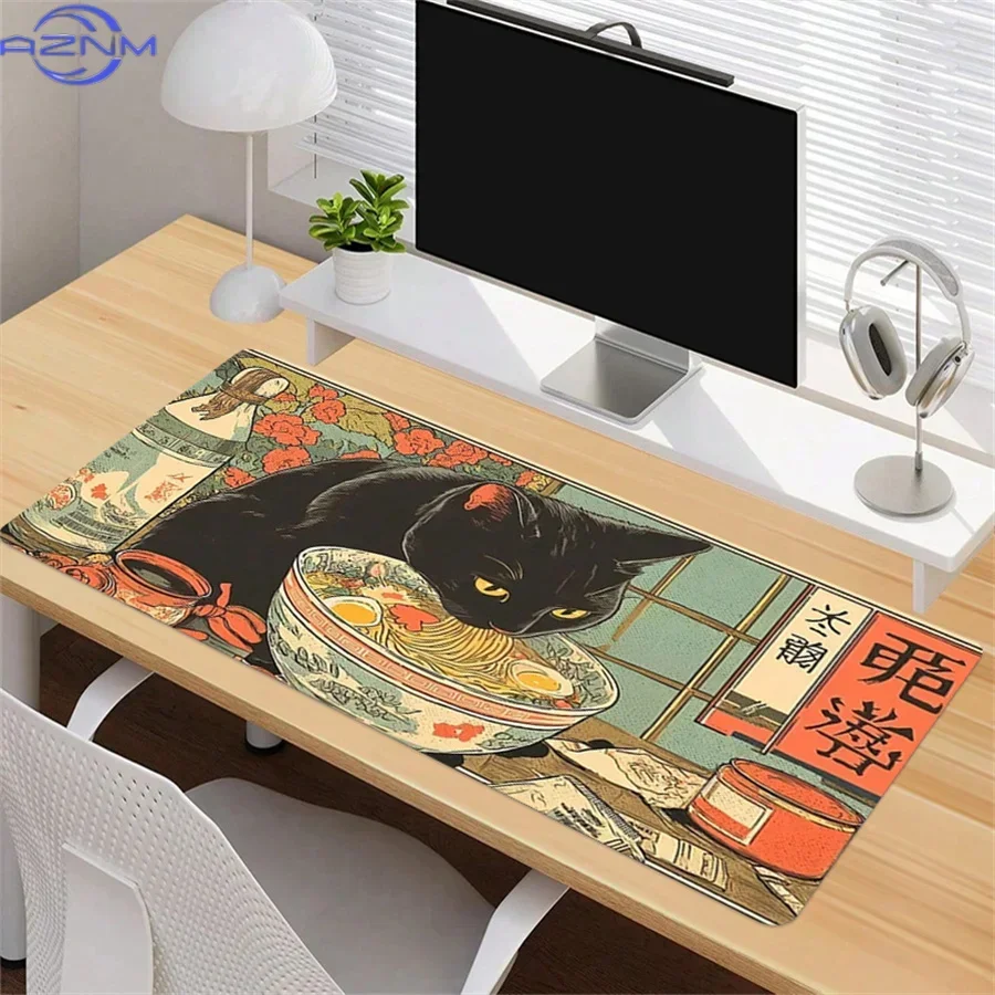 1pc  Desk Mat, Black Cats Love Ramen Shop Cartoon Art Large Game  Mouse Pad Smooth Keyboard Mat, Non-Slip Mousepad