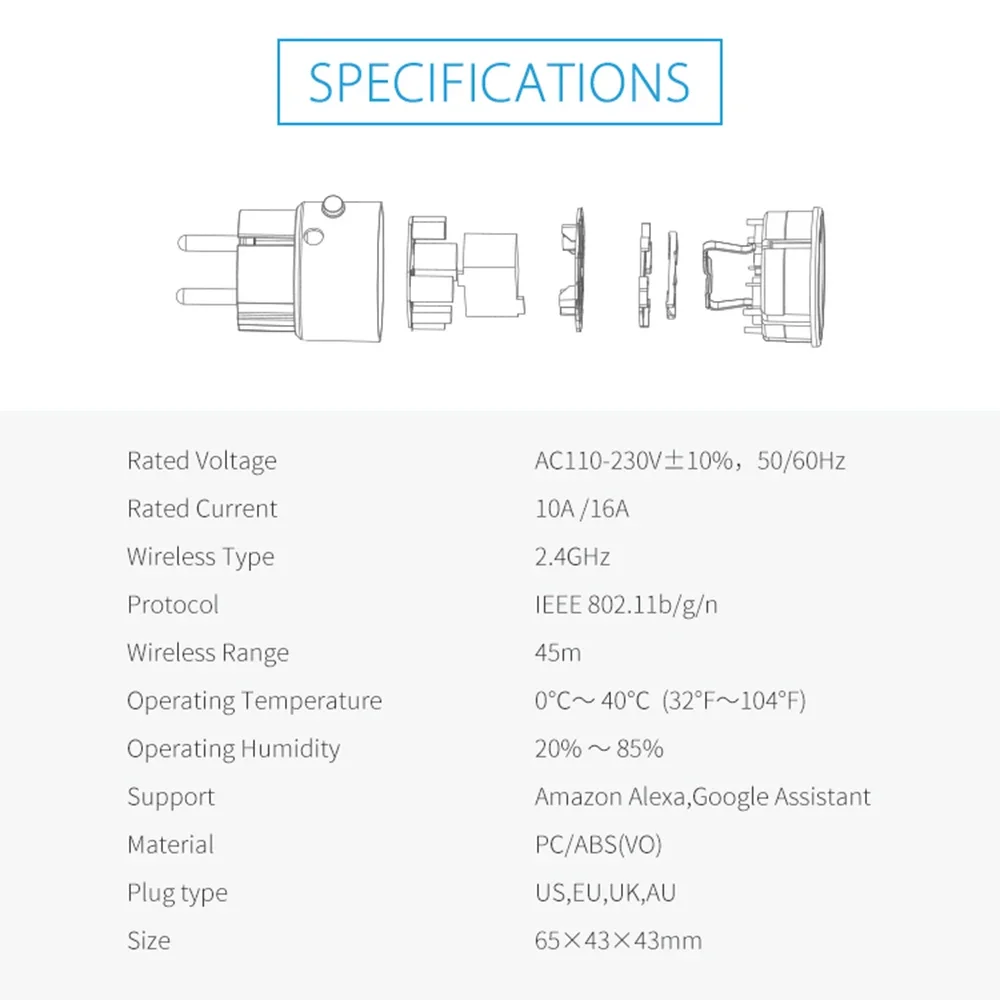 Tuya Wifi Smart FR Plug EU 16A مع وظيفة مراقبة الطاقة، تطبيق لاسلكي، مقبس التحكم عن بعد الصوتي، يعمل مع Alexa Google Home
