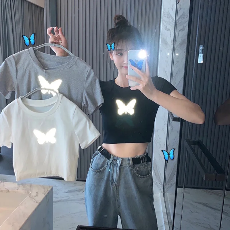 Y2K K-fashion Japanese t shirt Woman Clothing O-neck Reflective Butterfly Crop Top Short Sleeves Tee Shirt Vitnage  Tshirt Women
