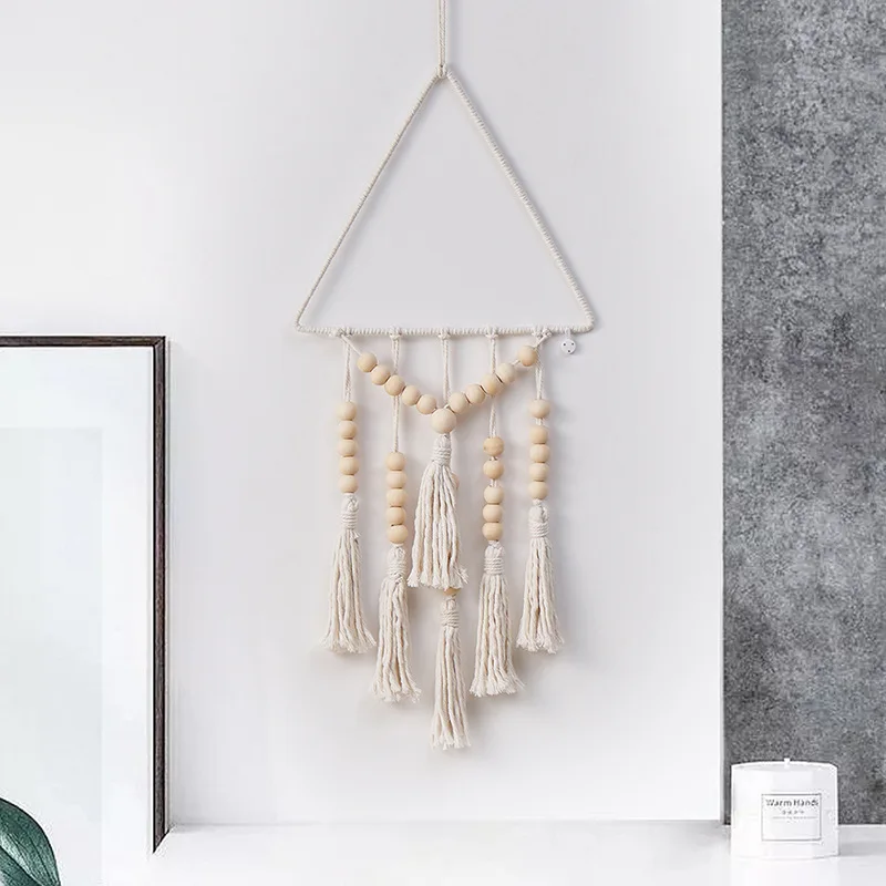 Natural Cotton Macrame Tassel Tapestry, Triangle Wooden Bead Boho Wall Hanging for Home Bedroom Apartment Wall Art Decoration