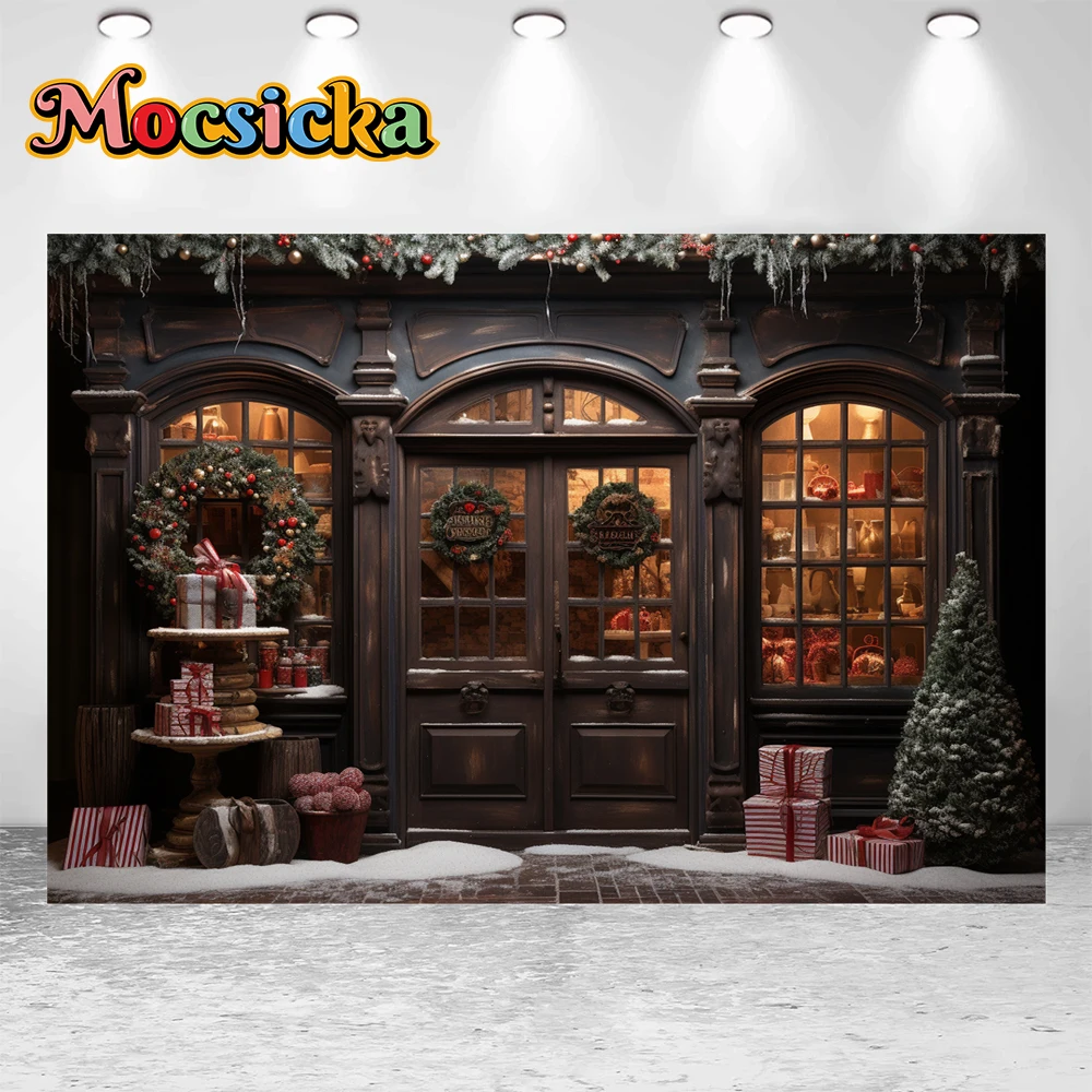 모시카 겨울 크리스마스 사진 배경 다크 브라운 문짝, 크리스마스 트리 홀리데이 파티, 가족 키즈 사진 배경, 스튜디오 소품
